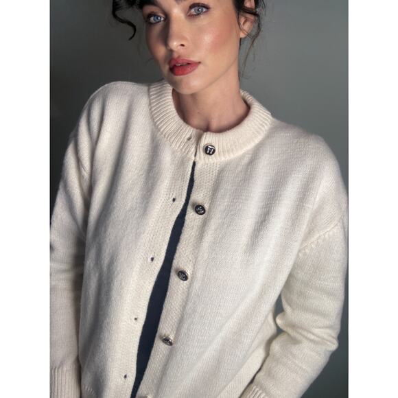 Cream Vintage Look 50s Sockhop Long Sleeve Knit Cardigan Sweet Bow Buttons Sz L - Picture 1 of 8